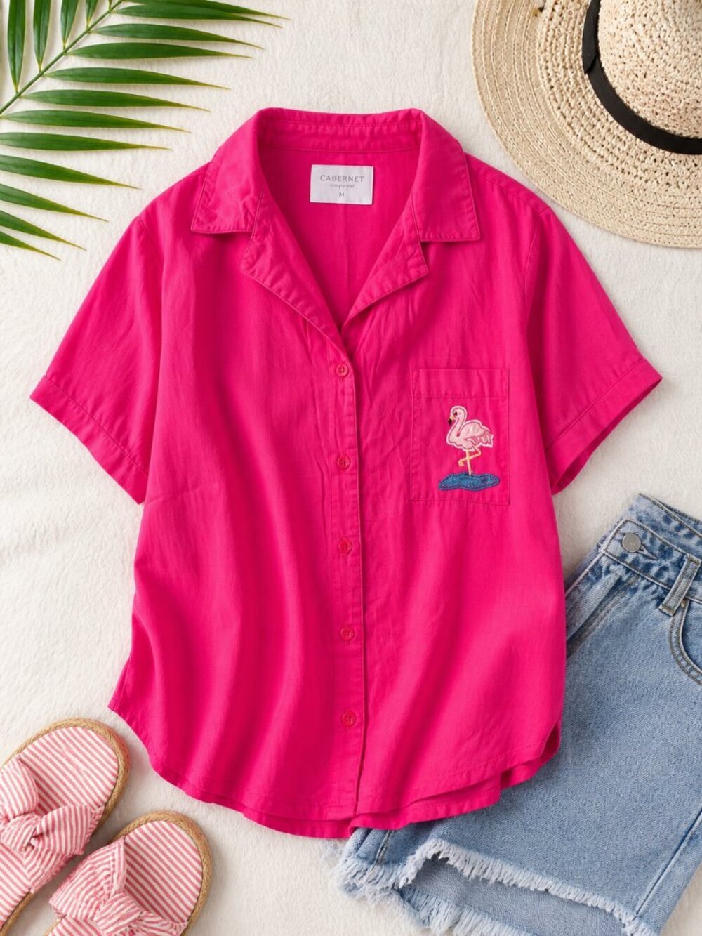 Cabernet Sleepwear Pink Flamingo Button Up Top Medium Lounge Shirt
